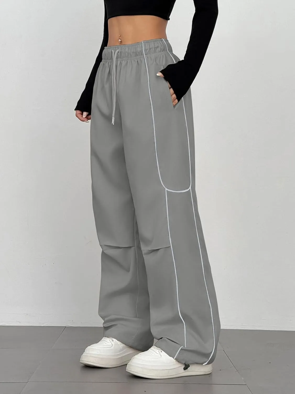 ZAFUL Parachute Pants for Women Sweatpants Y2K Contrast Pipping Cargo Trousers Jogger Pants with Pockets