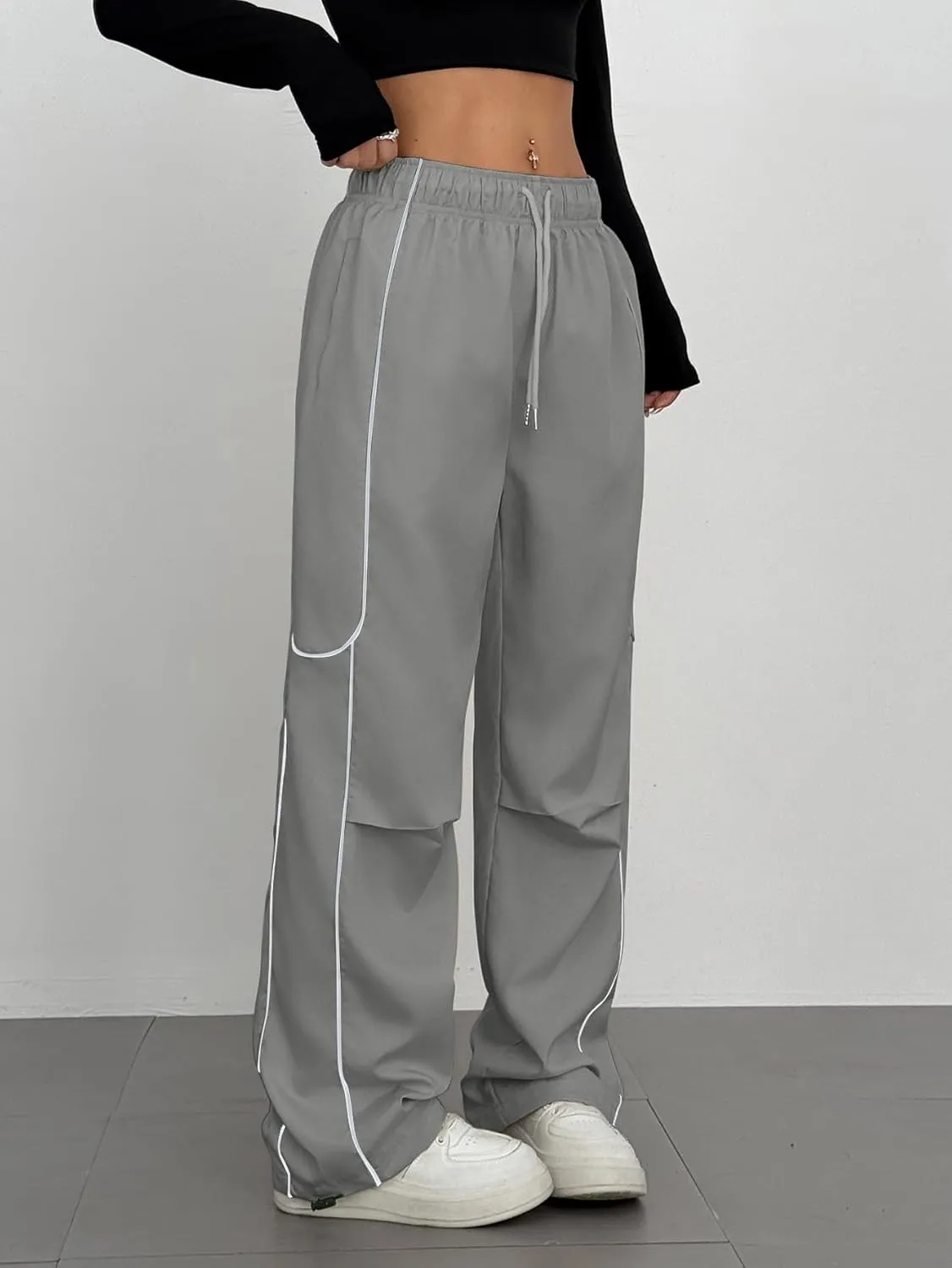 ZAFUL Parachute Pants for Women Sweatpants Y2K Contrast Pipping Cargo Trousers Jogger Pants with Pockets