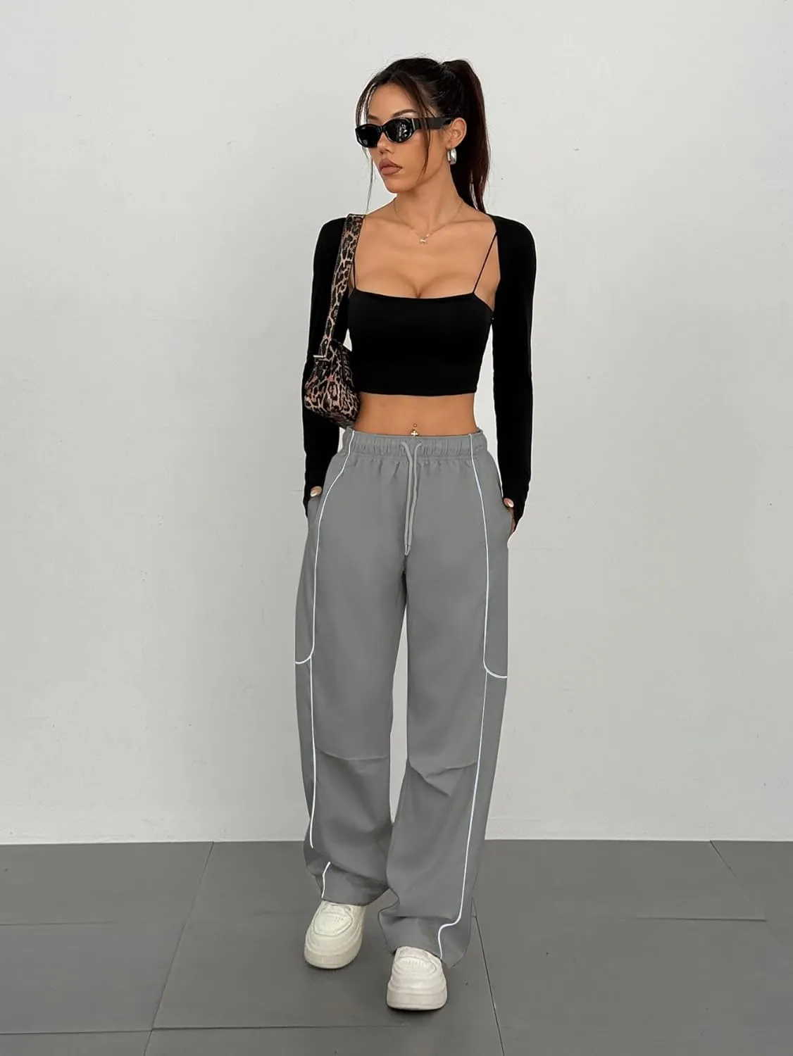 ZAFUL Parachute Pants for Women Sweatpants Y2K Contrast Pipping Cargo Trousers Jogger Pants with Pockets