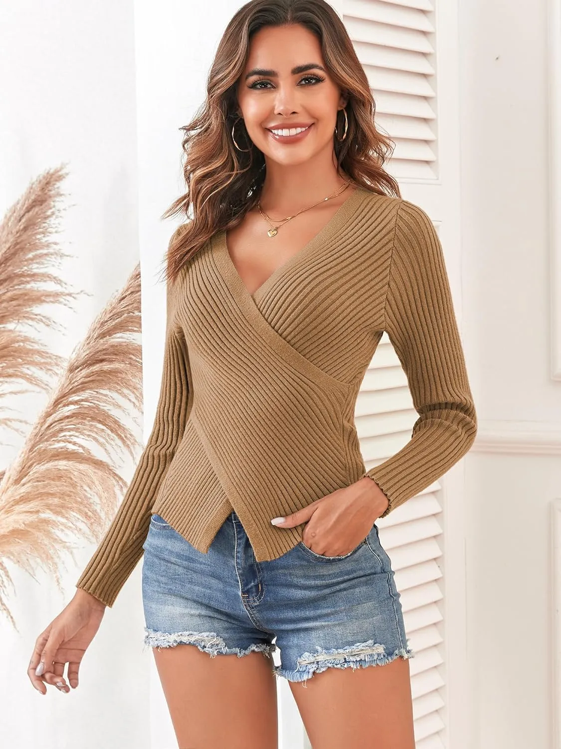 ZAFUL Women's Criss Cross V Neck Sweaters 2024 Dressy Casual Front Slit Ribbed Knit Pullover Sweater Jumper Tops