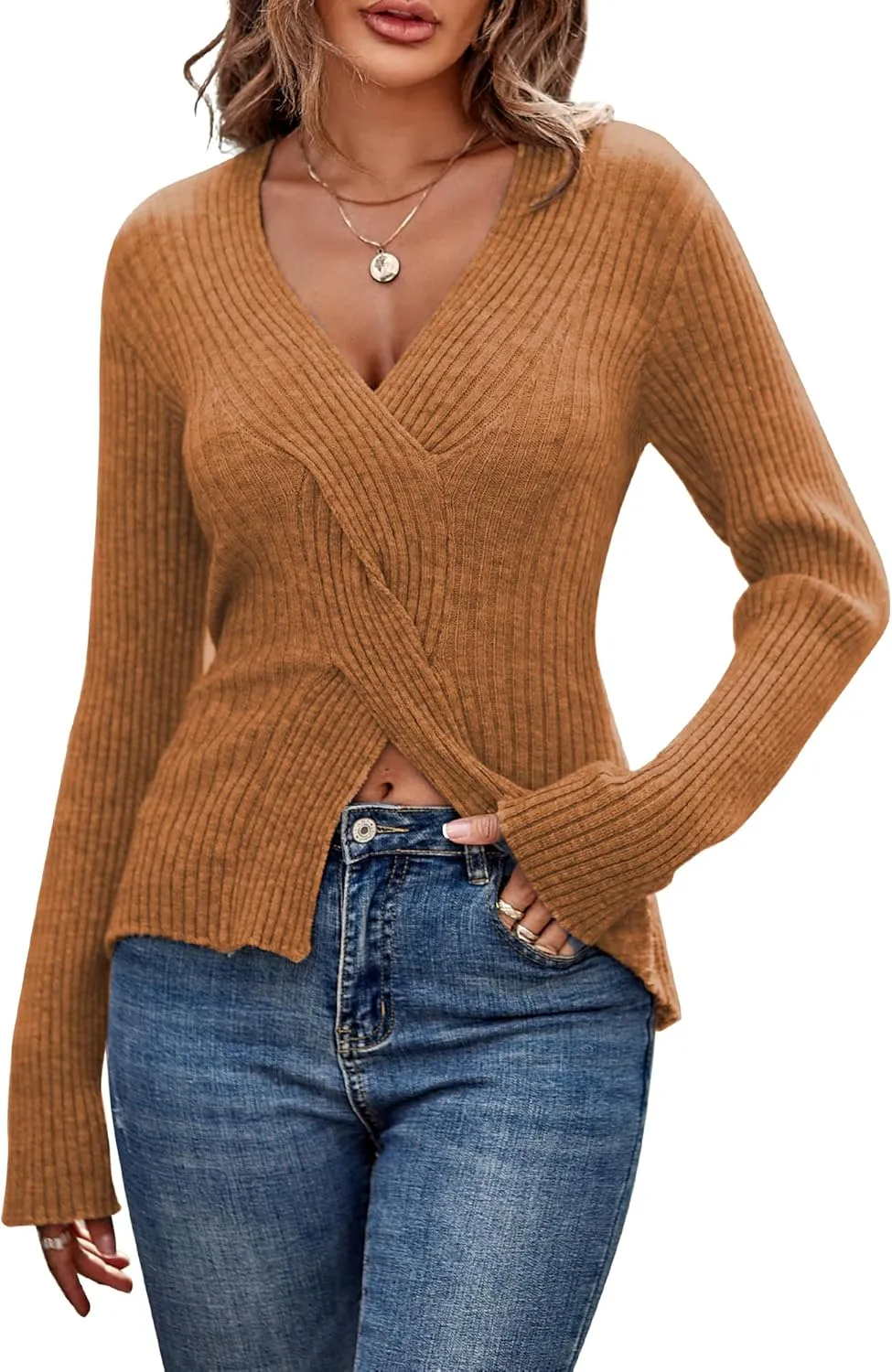 ZAFUL Women's Criss Cross V Neck Sweaters 2024 Dressy Casual Front Slit Ribbed Knit Pullover Sweater Jumper Tops