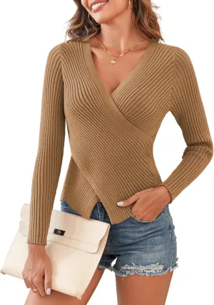 ZAFUL Women's Criss Cross V Neck Sweaters 2024 Dressy Casual Front Slit Ribbed Knit Pullover Sweater Jumper Tops