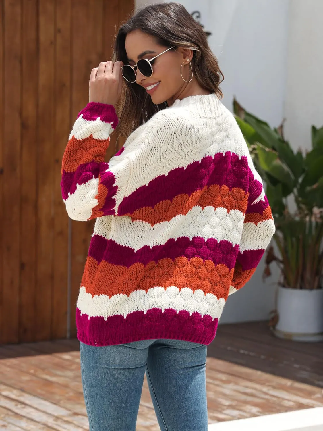 ZAFUL Womens Cute Sweaters Trendy 2024 Color Block Pullover Sweater Cable Knit Jumper Tops