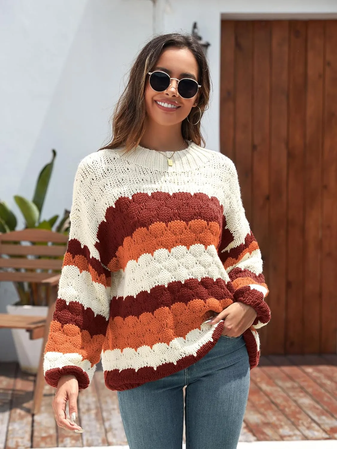 ZAFUL Womens Cute Sweaters Trendy 2024 Color Block Pullover Sweater Cable Knit Jumper Tops