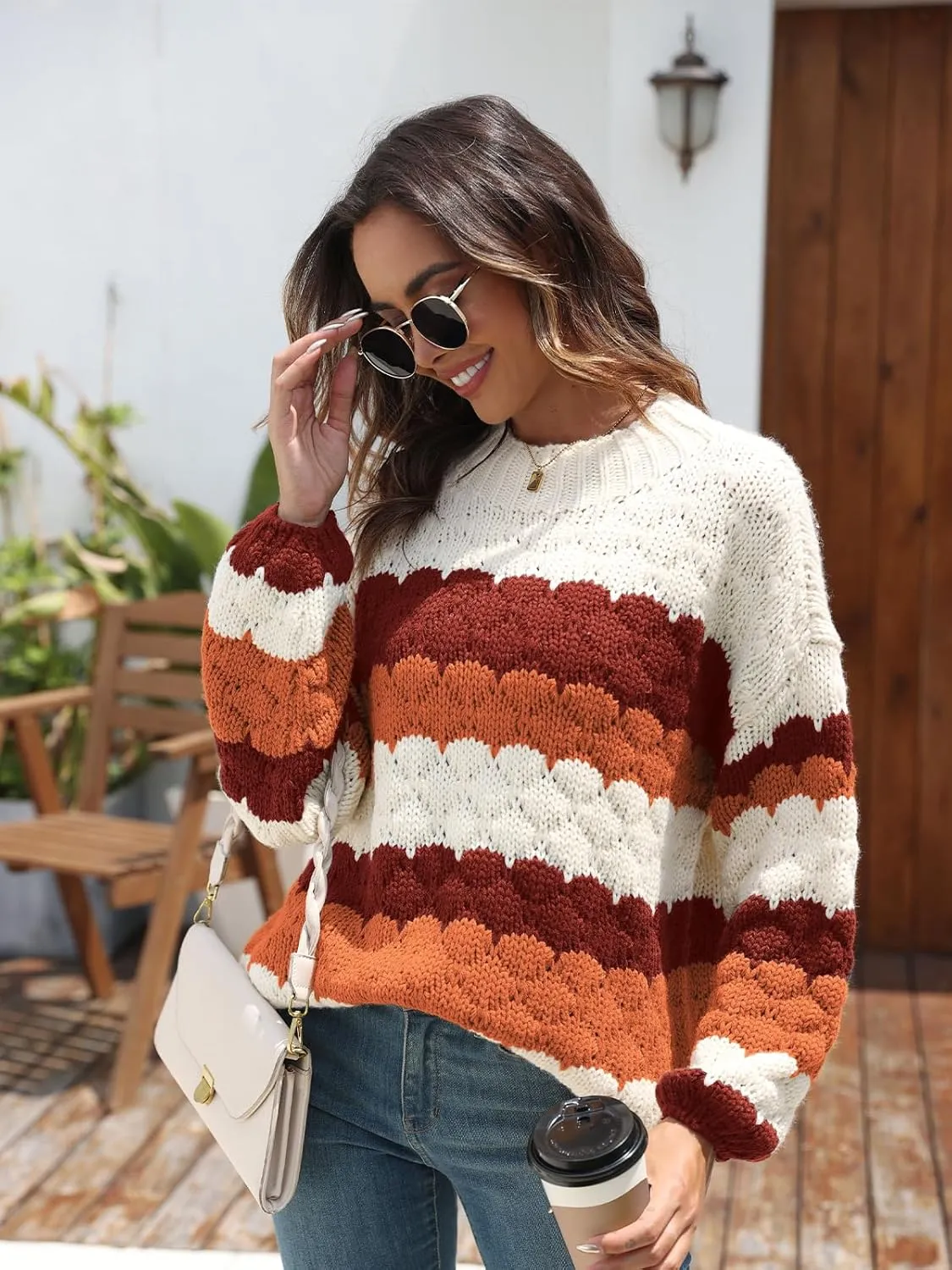 ZAFUL Womens Cute Sweaters Trendy 2024 Color Block Pullover Sweater Cable Knit Jumper Tops