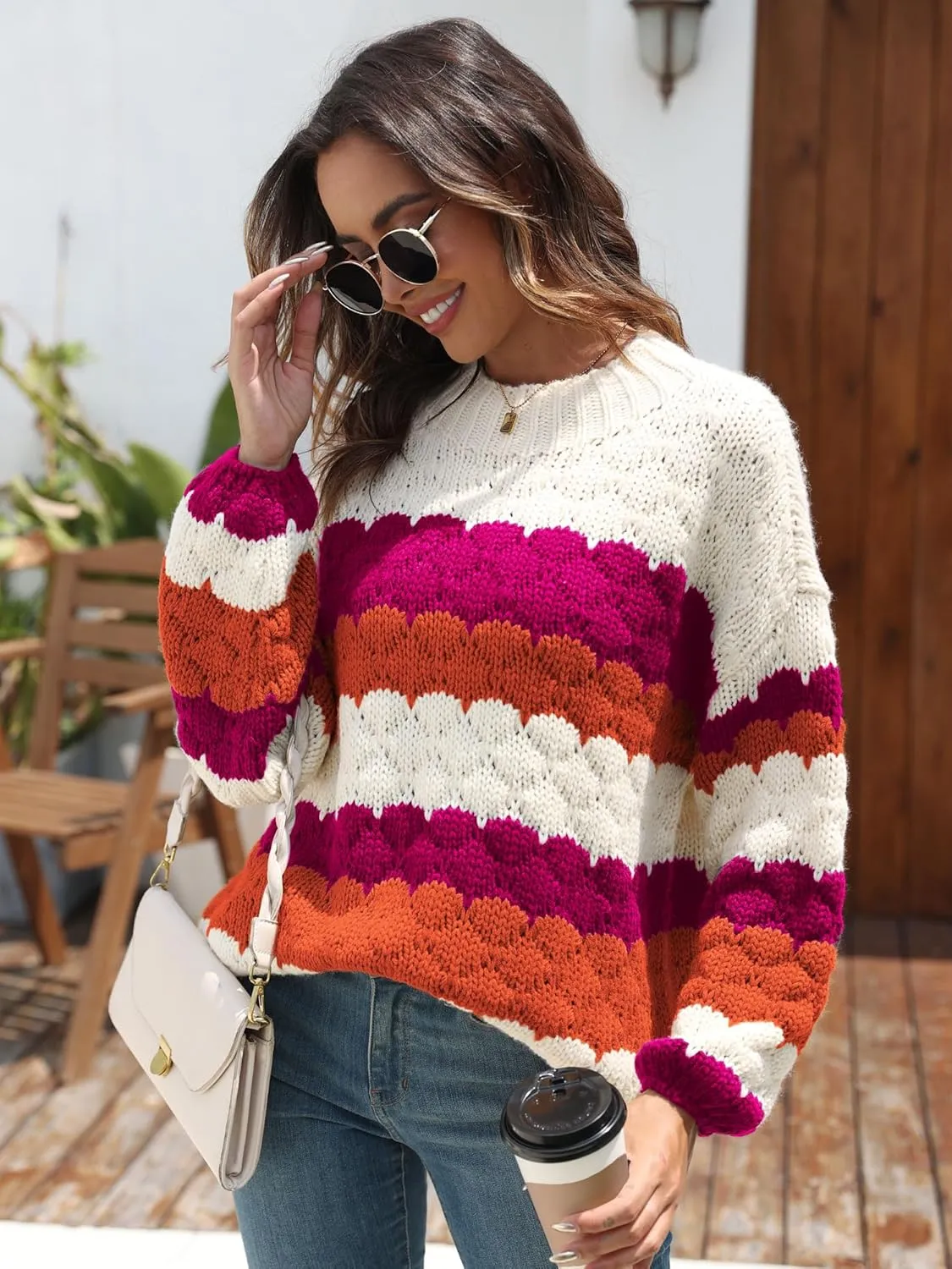 ZAFUL Womens Cute Sweaters Trendy 2024 Color Block Pullover Sweater Cable Knit Jumper Tops