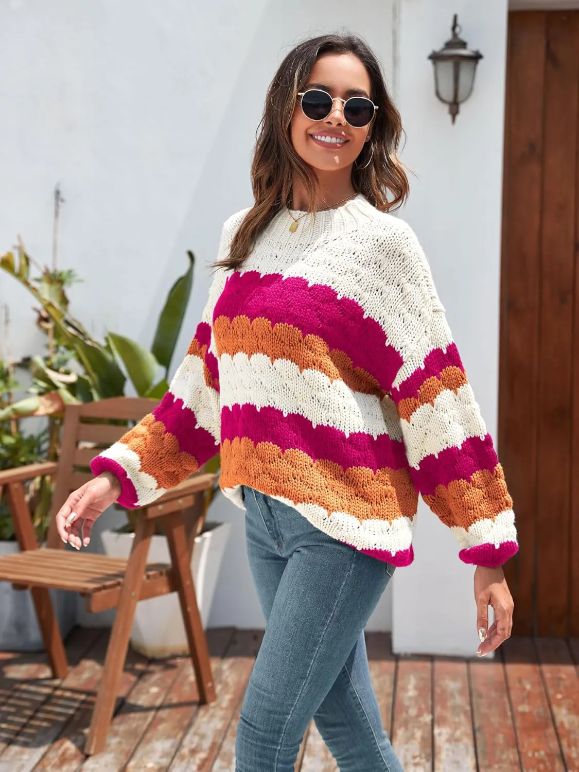 ZAFUL Womens Cute Sweaters Trendy 2024 Color Block Pullover Sweater Cable Knit Jumper Tops