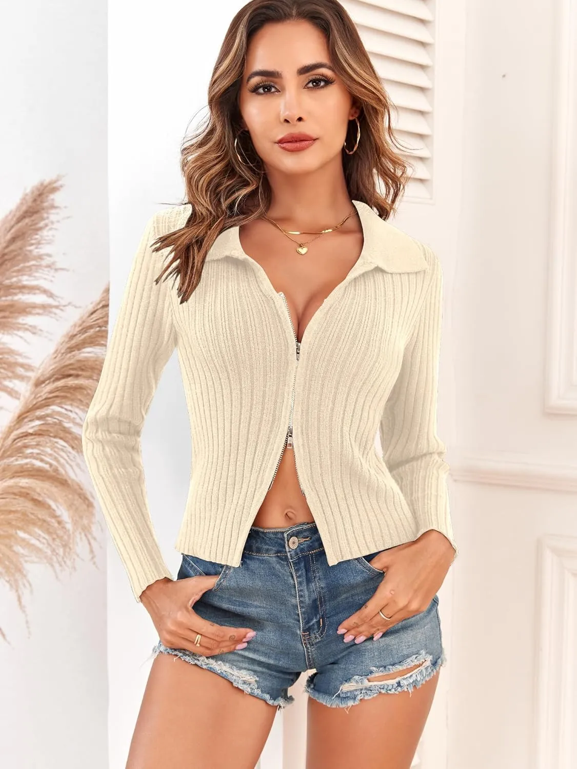 ZAFUL Women's Zip Up Sweater Long Sleeve Polo V Neck Ribbed Knit Slim Cropped Sweater Pullover Jumper Tops