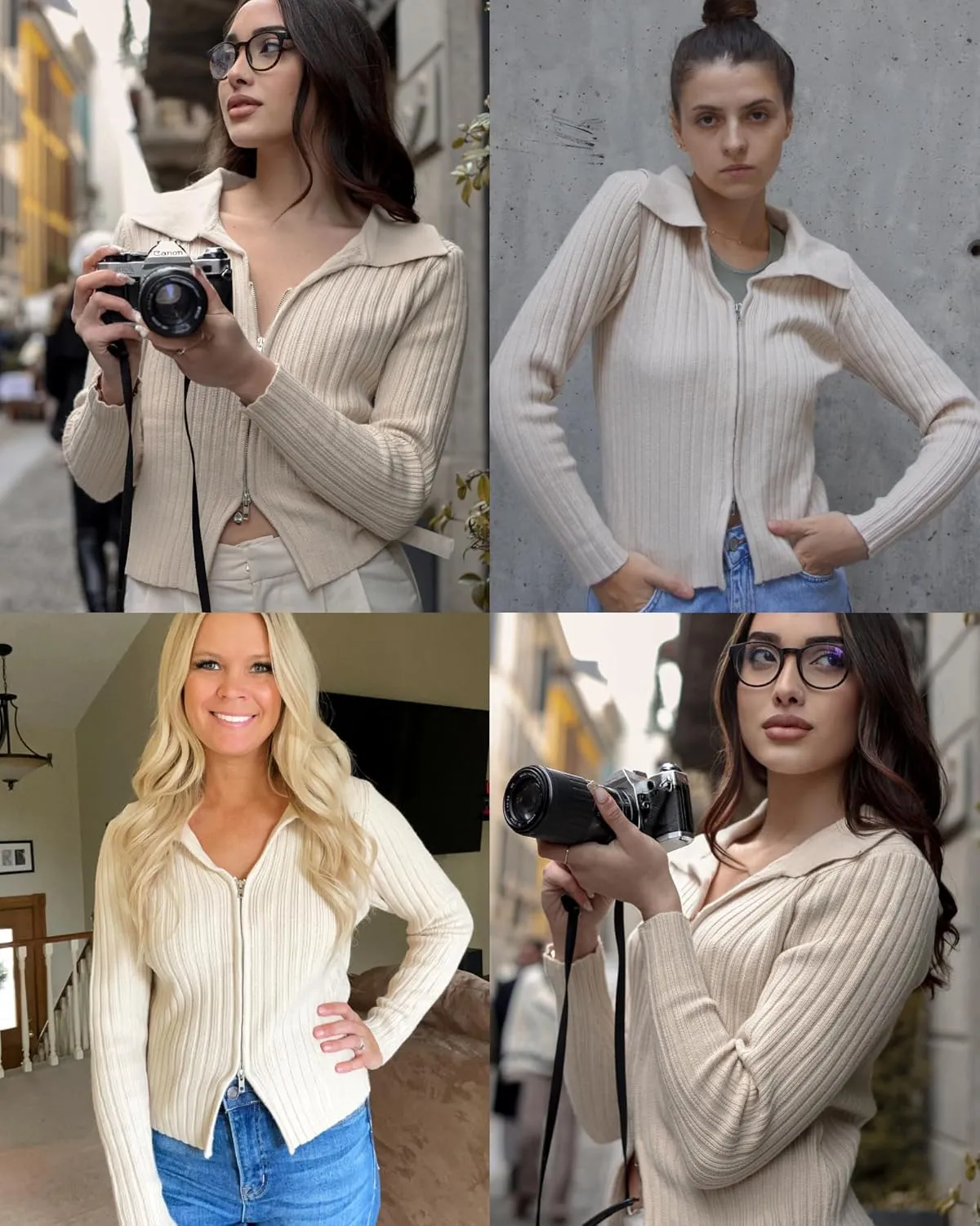 ZAFUL Women's Zip Up Sweater Long Sleeve Polo V Neck Ribbed Knit Slim Cropped Sweater Pullover Jumper Tops