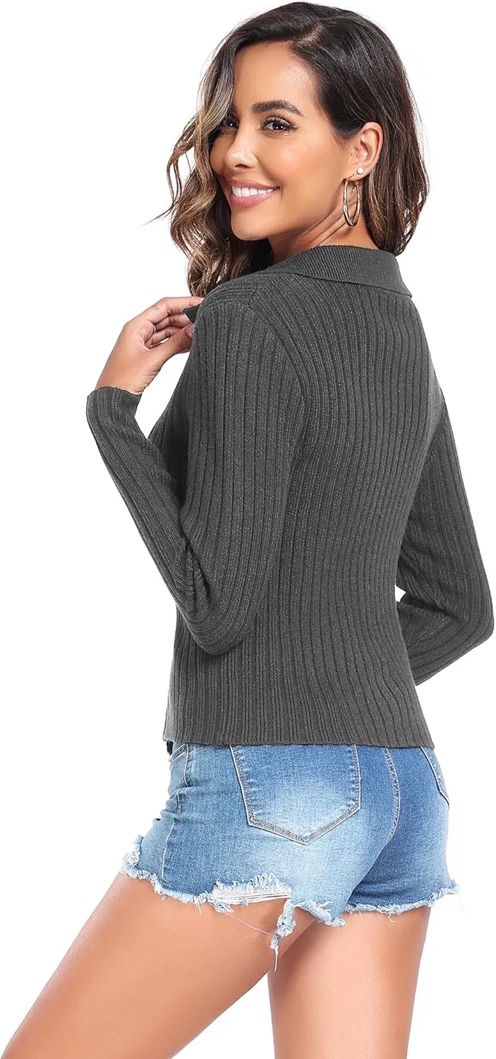 ZAFUL Women's Zip Up Sweater Long Sleeve Polo V Neck Ribbed Knit Slim Cropped Sweater Pullover Jumper Tops