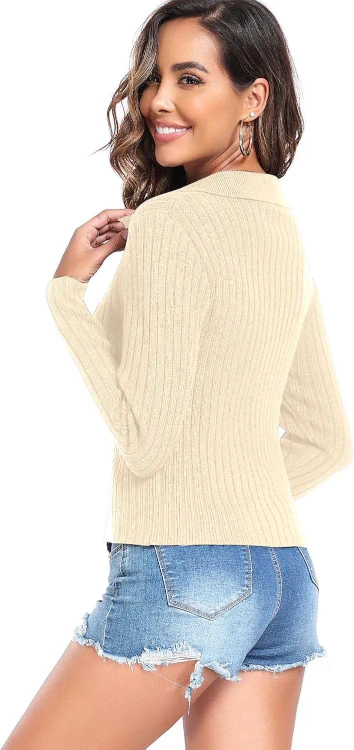 ZAFUL Women's Zip Up Sweater Long Sleeve Polo V Neck Ribbed Knit Slim Cropped Sweater Pullover Jumper Tops