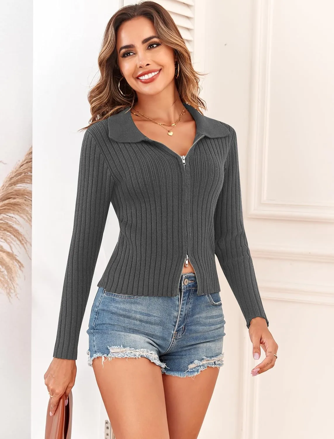 ZAFUL Women's Zip Up Sweater Long Sleeve Polo V Neck Ribbed Knit Slim Cropped Sweater Pullover Jumper Tops
