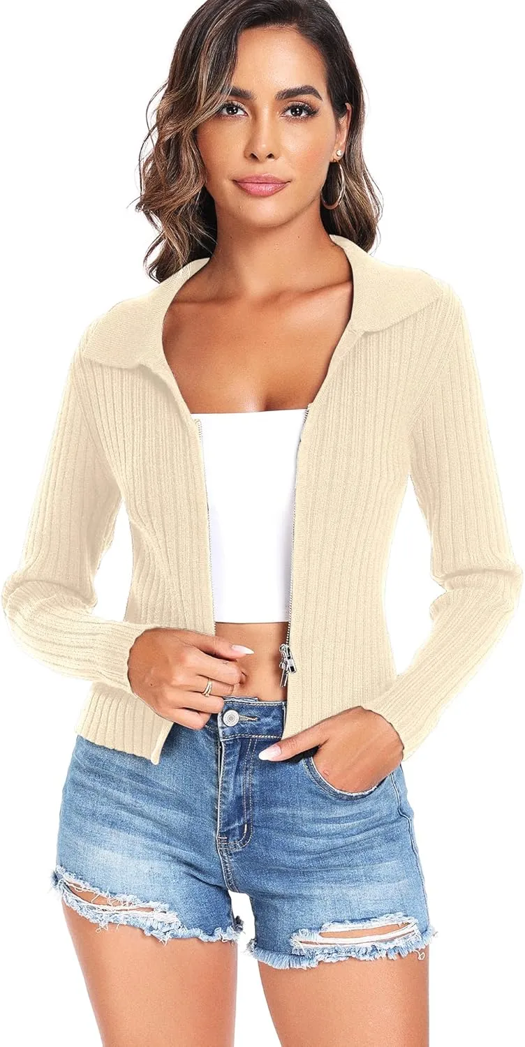 ZAFUL Women's Zip Up Sweater Long Sleeve Polo V Neck Ribbed Knit Slim Cropped Sweater Pullover Jumper Tops
