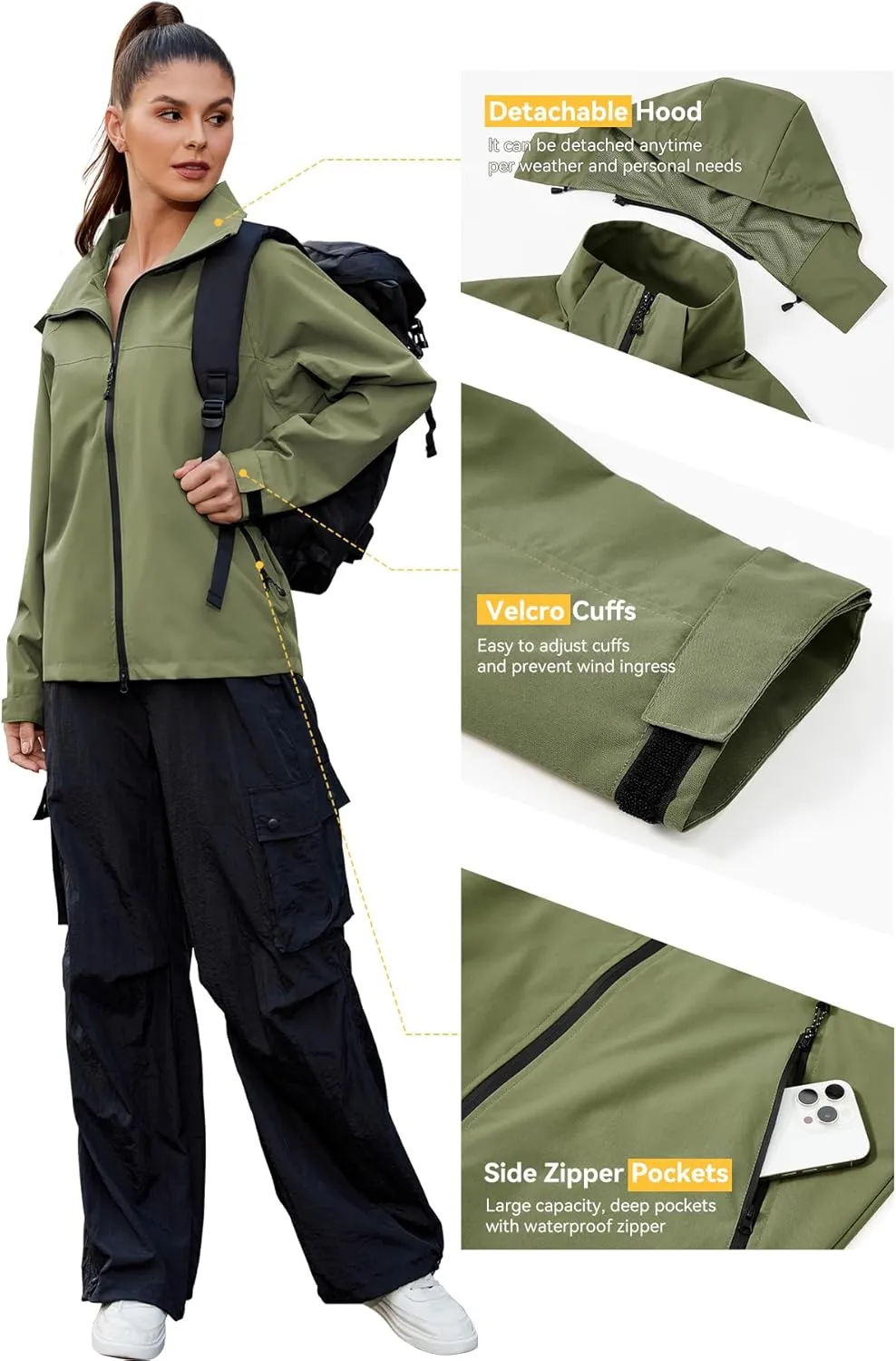 Zando Waterproof Rain Jacket Women Lightweight Raincoat for Women Loose Fit Windbreaker Jacket with Hood Hiking Outdoor