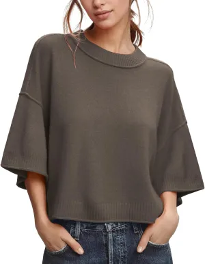 ZDC Women's Oversized Sweaters Summer 3/4 Sleeve Casual Cropped Tops Lightweight Loose Fit Knit Pullover