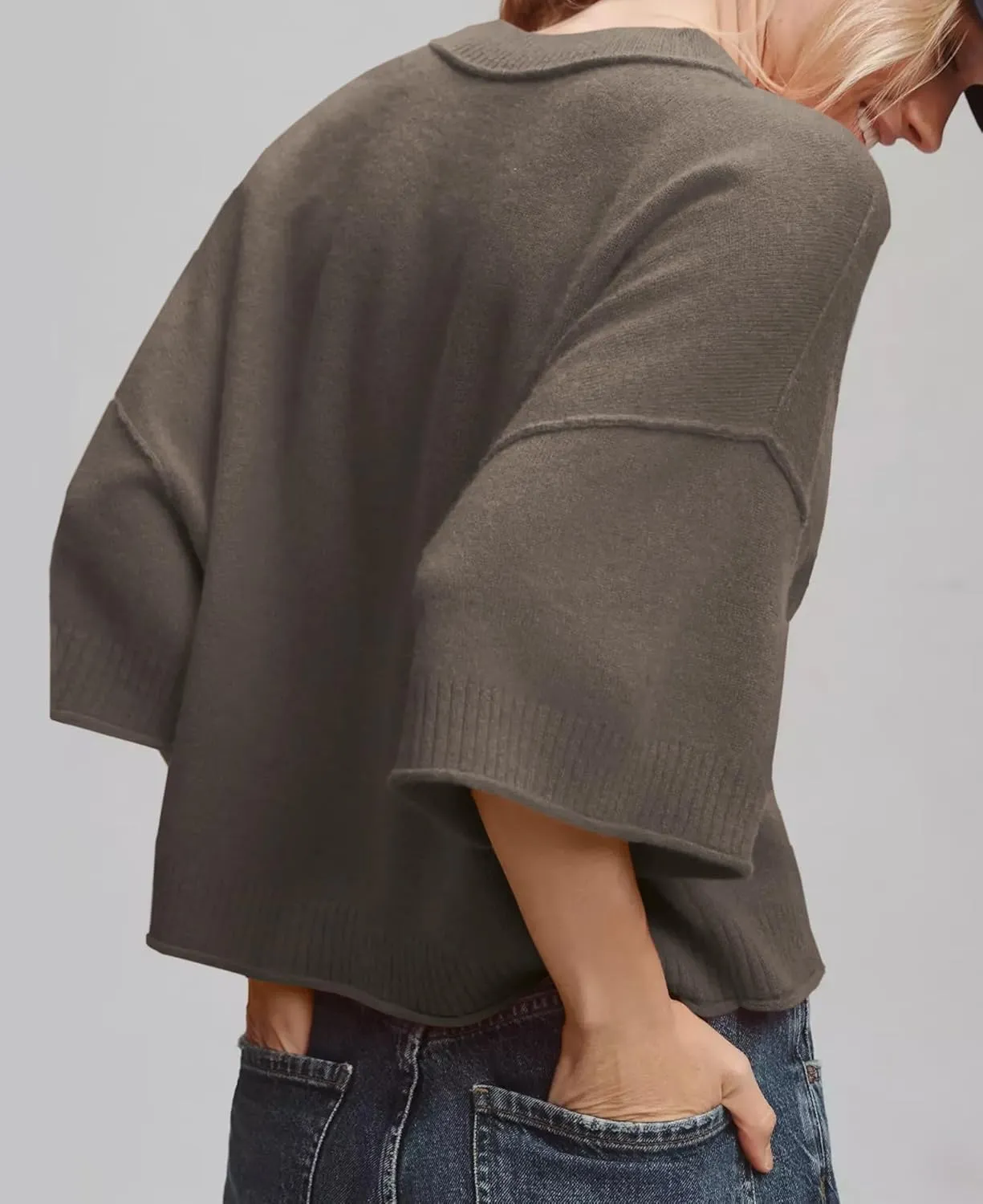 ZDC Women's Oversized Sweaters Summer 3/4 Sleeve Casual Cropped Tops Lightweight Loose Fit Knit Pullover