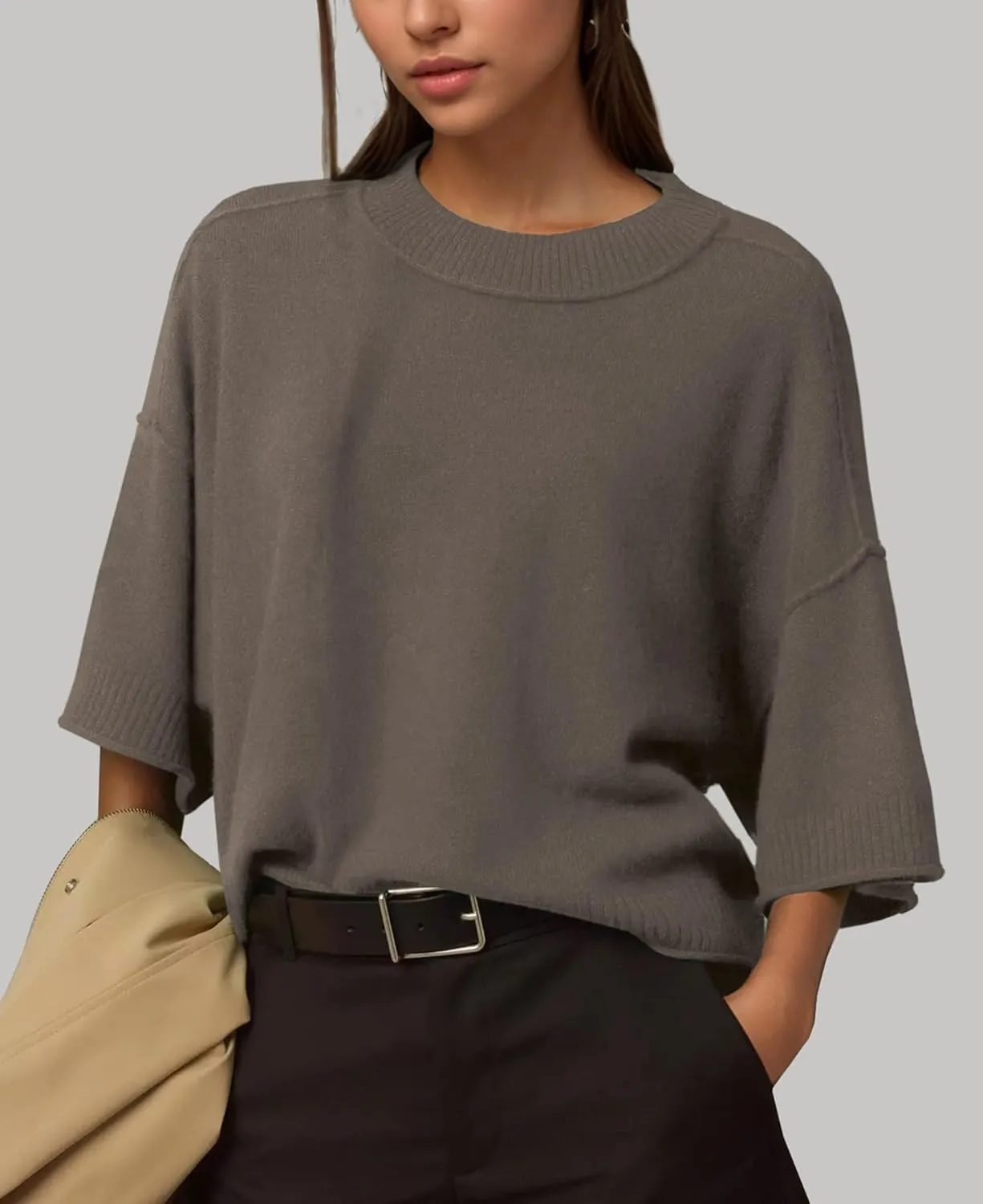 ZDC Women's Oversized Sweaters Summer 3/4 Sleeve Casual Cropped Tops Lightweight Loose Fit Knit Pullover