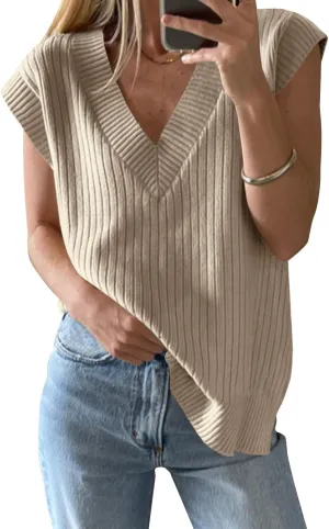 ZDC Women's V Neck Sweater Vest Oversized Sleeveles Casual Tank Tops Ribbed Knit Loose Fit Pullover