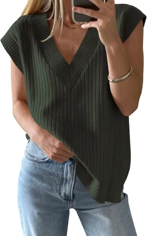ZDC Women's V Neck Sweater Vest Oversized Sleeveles Casual Tank Tops Ribbed Knit Loose Fit Pullover