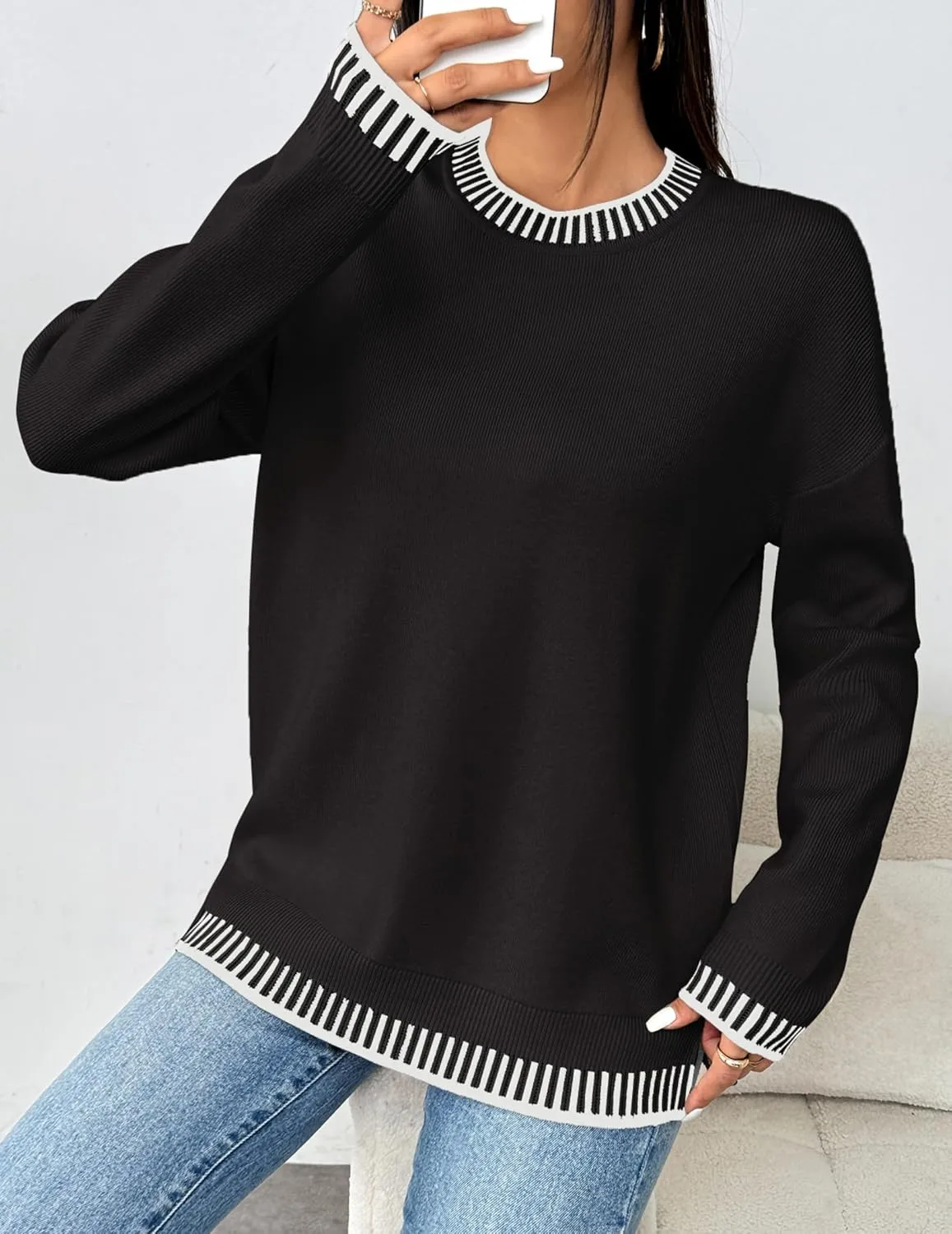 Zeagoo Womens Crewneck Pullover Sweater Long Sleeve Knit Side Slit 2024 Fall Winter Sweater Tops