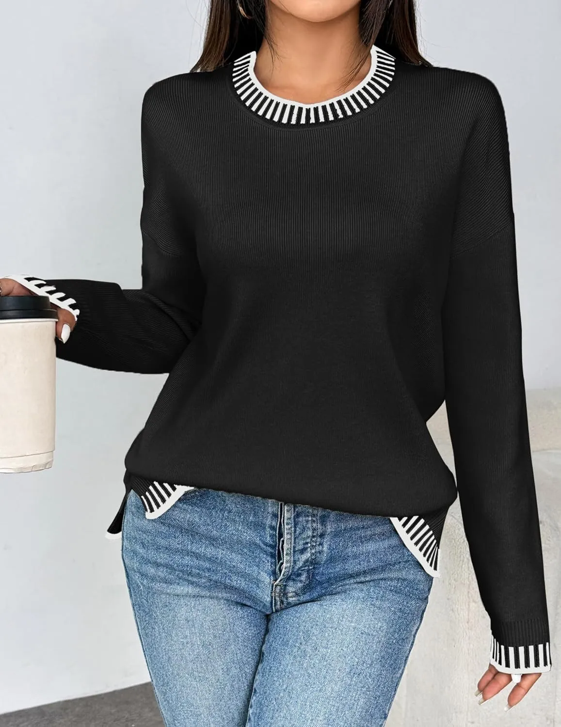 Zeagoo Womens Crewneck Pullover Sweater Long Sleeve Knit Side Slit 2024 Fall Winter Sweater Tops