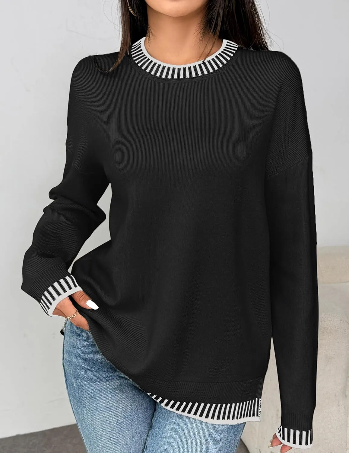 Zeagoo Womens Crewneck Pullover Sweater Long Sleeve Knit Side Slit 2024 Fall Winter Sweater Tops