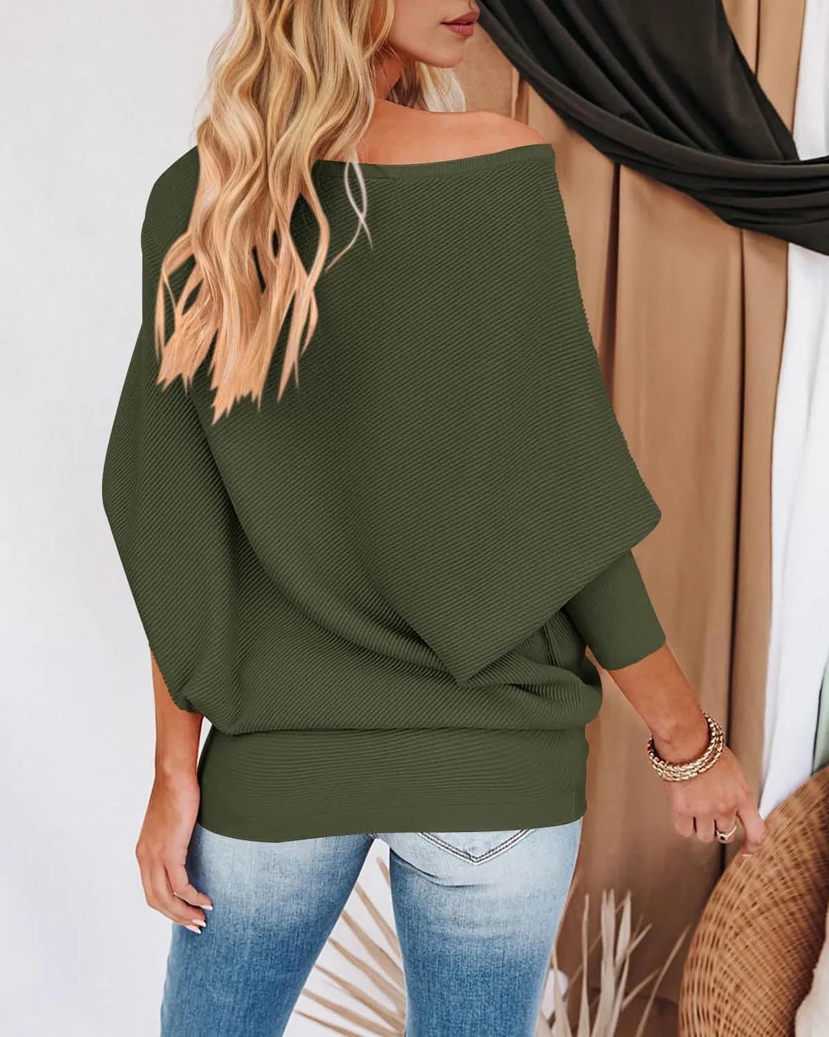 Zenlonr Women's Fall Sweaters 2025 Casual Long Batwing Sleeve Loose Off Shoulder Knit Pullovers Jumper Tops