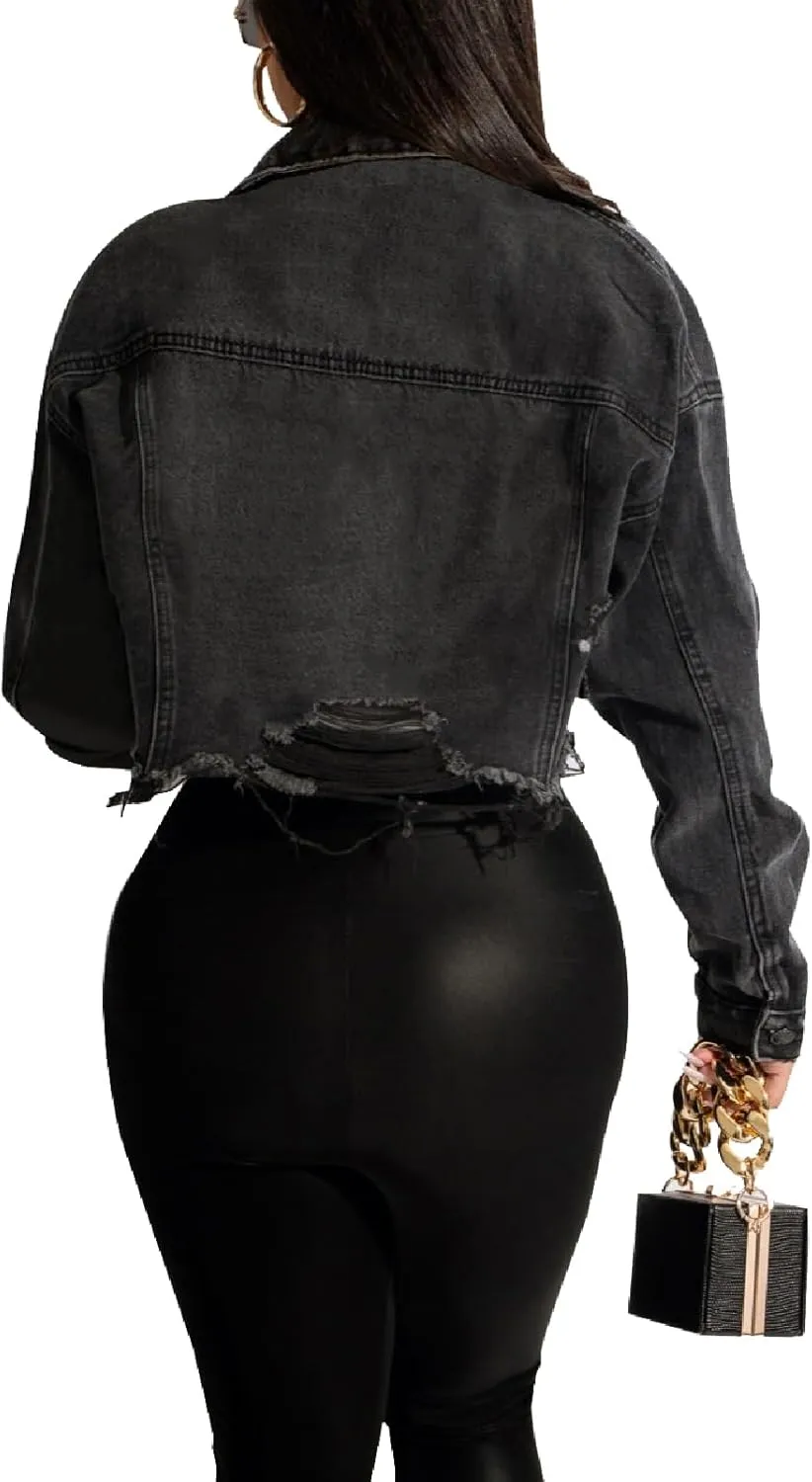 ZERMOM Women's Cropped Denim Jacket Button Down Long Sleeve Fitted Crop Top Jean Coat