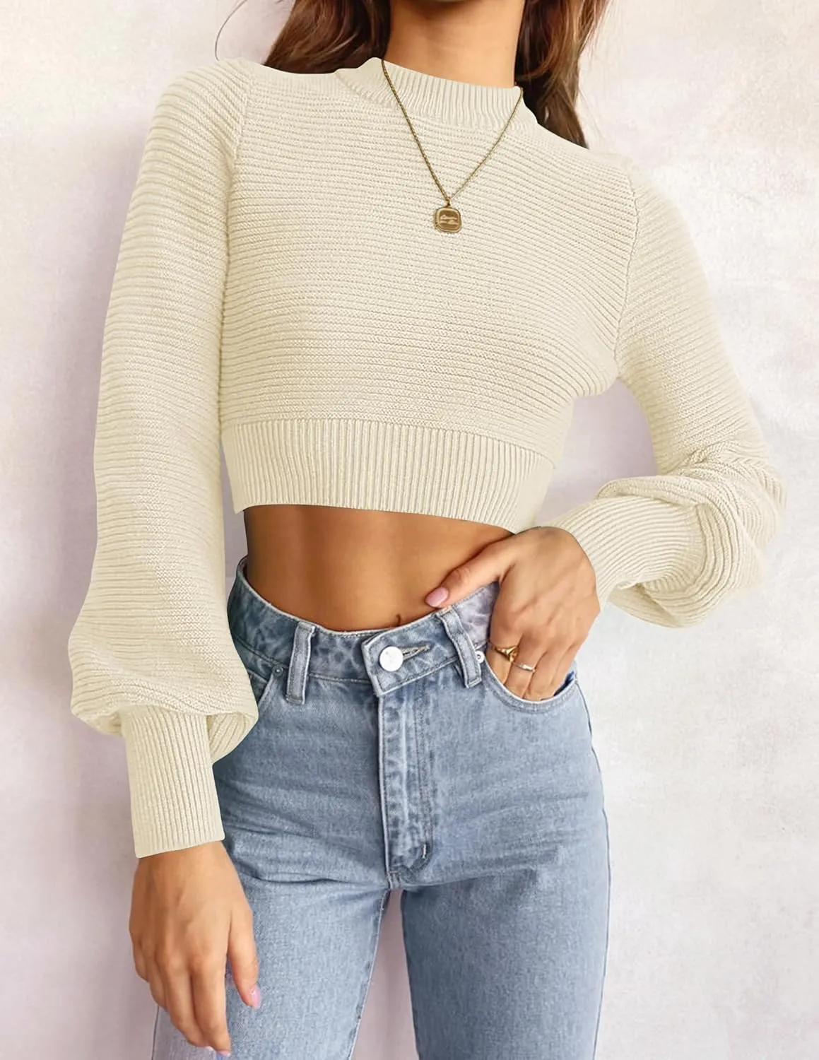 ZESICA Women's Fall Mock Neck Cropped Sweater Long Sleeve Soft Ribbed Knit Pullover Jumper Tops