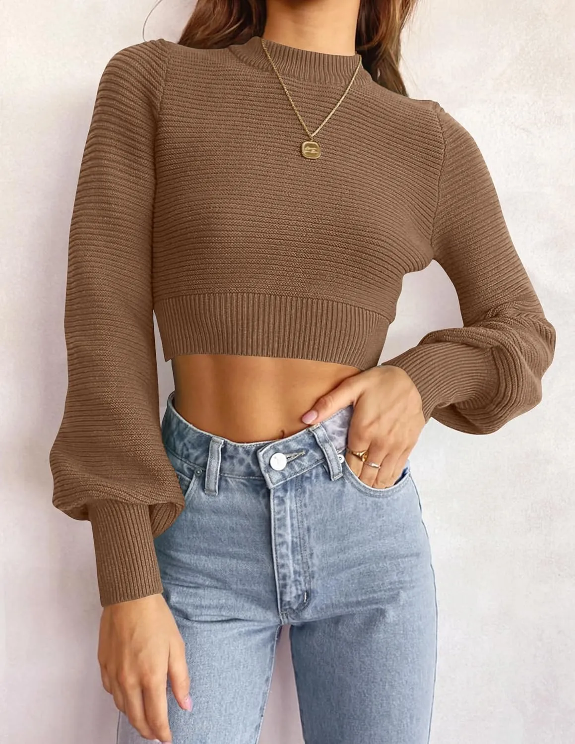 ZESICA Women's Fall Mock Neck Cropped Sweater Long Sleeve Soft Ribbed Knit Pullover Jumper Tops