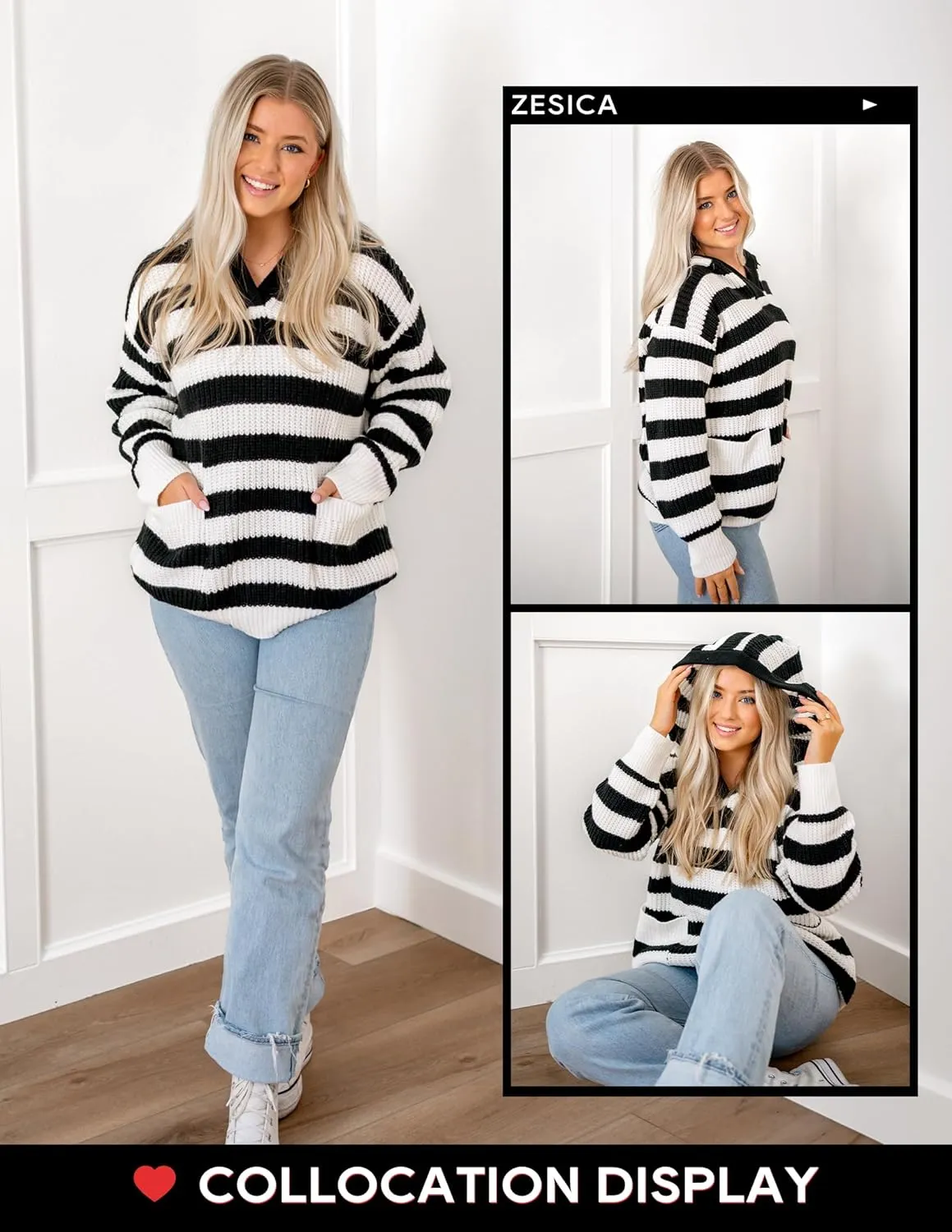 ZESICA Women's Fall Striped Sweaters 2025 V Neck Ribbed Knit Casual Oversized Pullover Hoodies Tops