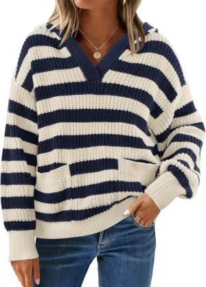 ZESICA Women's Fall Striped Sweaters 2025 V Neck Ribbed Knit Casual Oversized Pullover Hoodies Tops