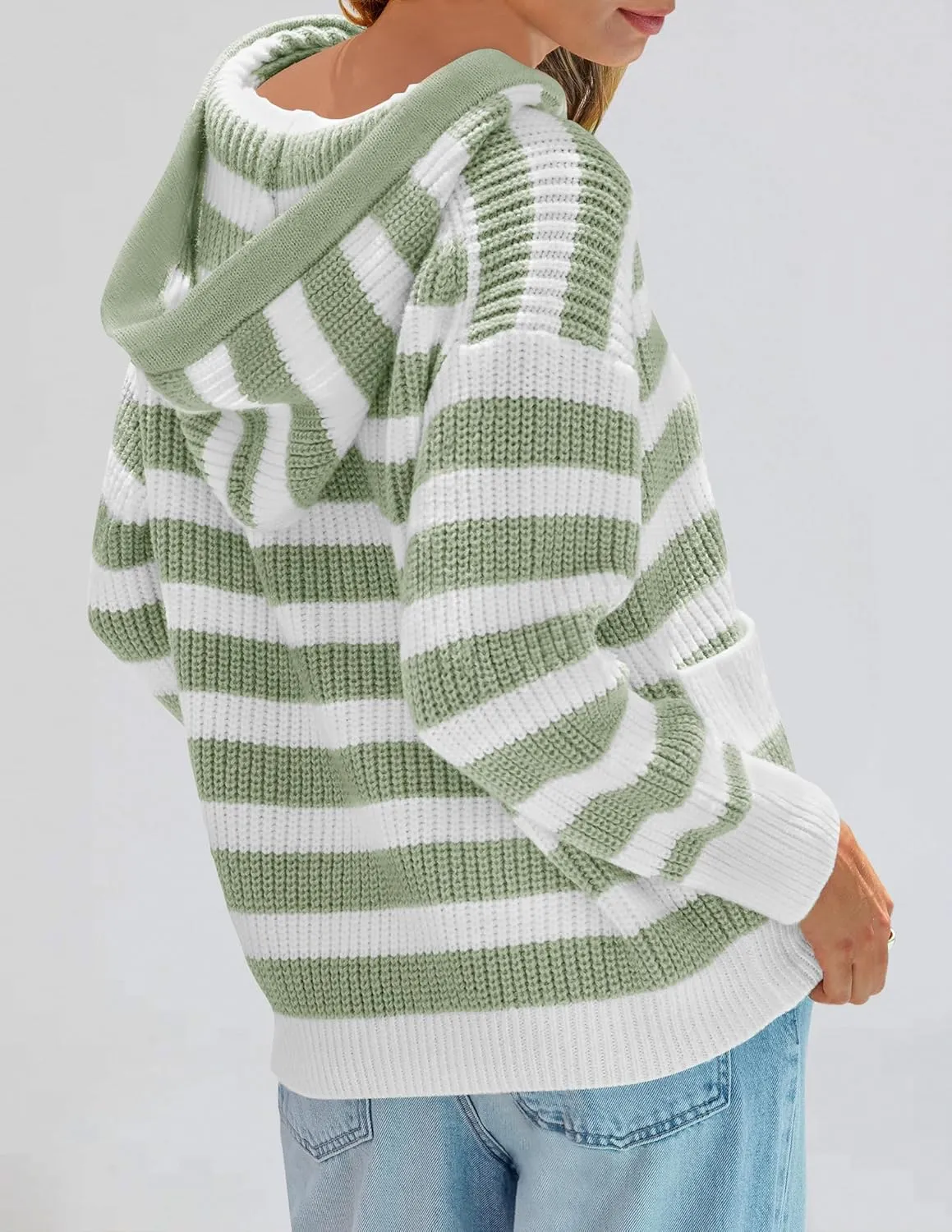 ZESICA Women's Fall Striped Sweaters 2025 V Neck Ribbed Knit Casual Oversized Pullover Hoodies Tops