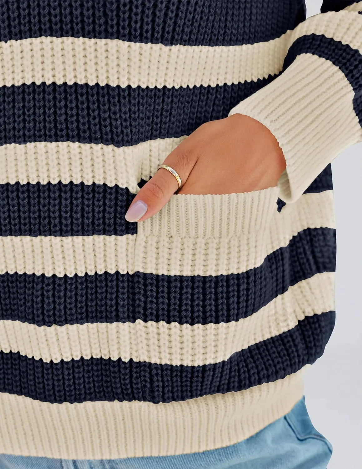 ZESICA Women's Fall Striped Sweaters 2025 V Neck Ribbed Knit Casual Oversized Pullover Hoodies Tops