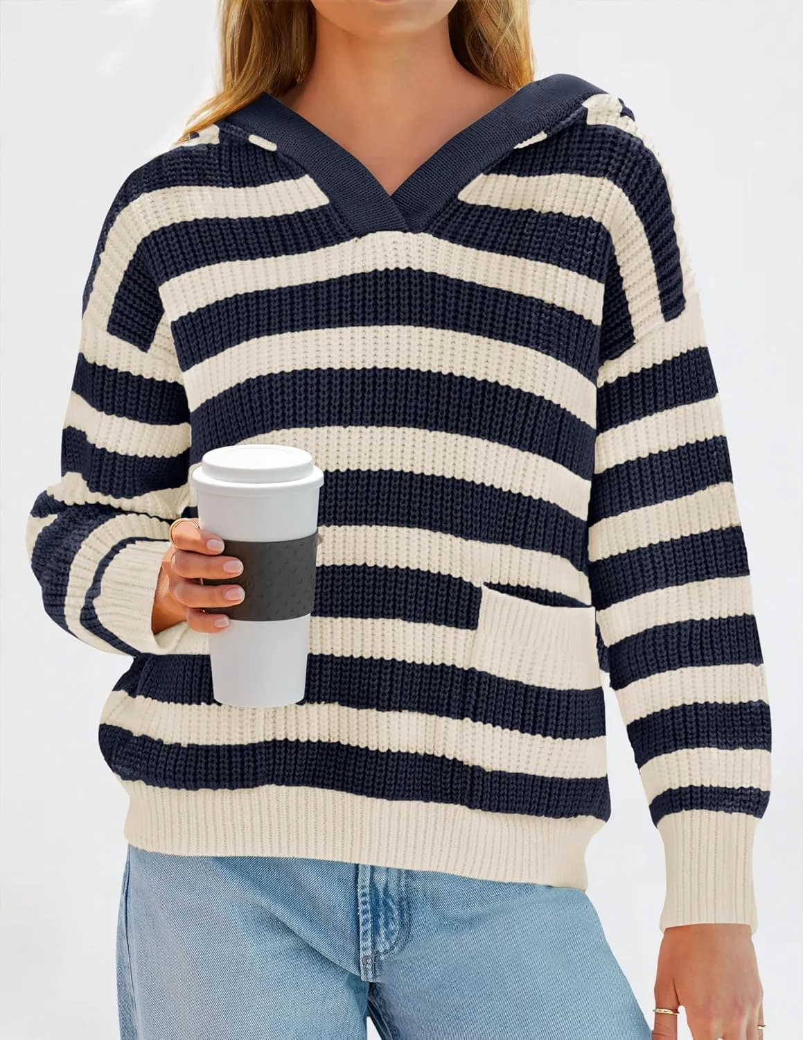 ZESICA Women's Fall Striped Sweaters 2025 V Neck Ribbed Knit Casual Oversized Pullover Hoodies Tops