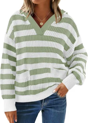 ZESICA Women's Fall Striped Sweaters 2025 V Neck Ribbed Knit Casual Oversized Pullover Hoodies Tops