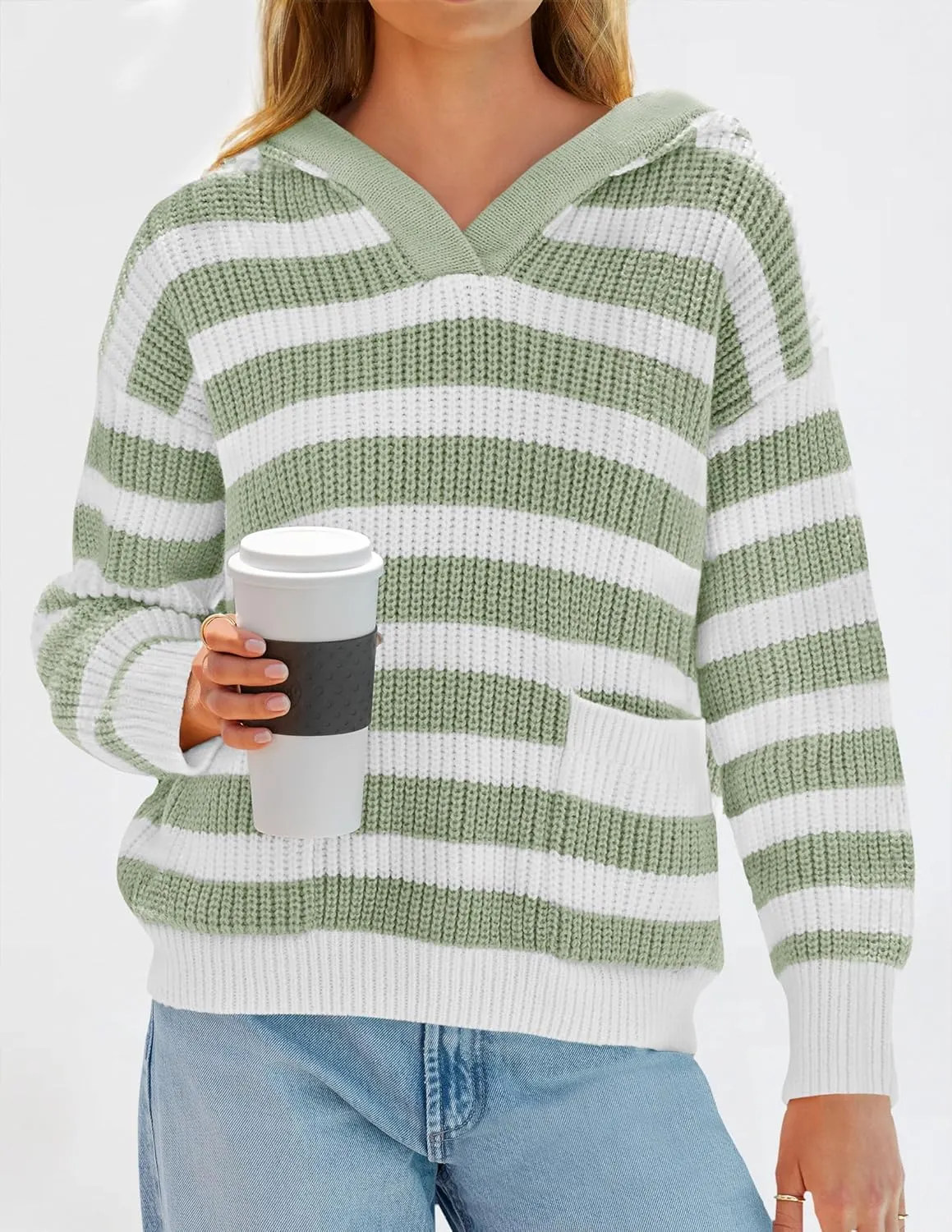 ZESICA Women's Fall Striped Sweaters 2025 V Neck Ribbed Knit Casual Oversized Pullover Hoodies Tops