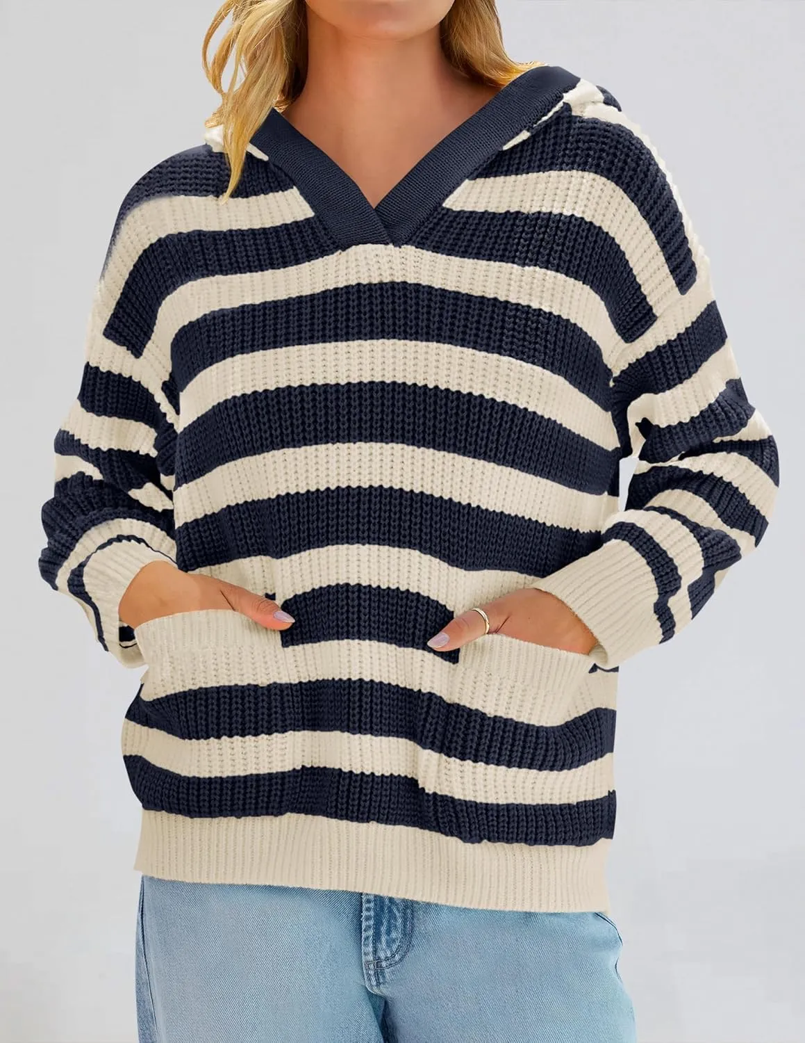 ZESICA Women's Fall Striped Sweaters 2025 V Neck Ribbed Knit Casual Oversized Pullover Hoodies Tops