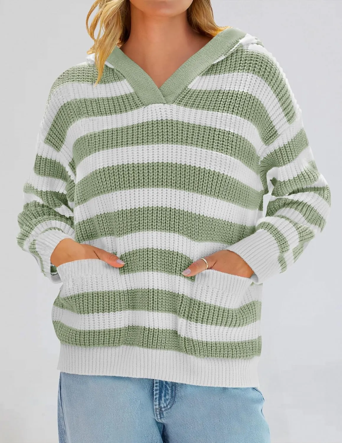 ZESICA Women's Fall Striped Sweaters 2025 V Neck Ribbed Knit Casual Oversized Pullover Hoodies Tops