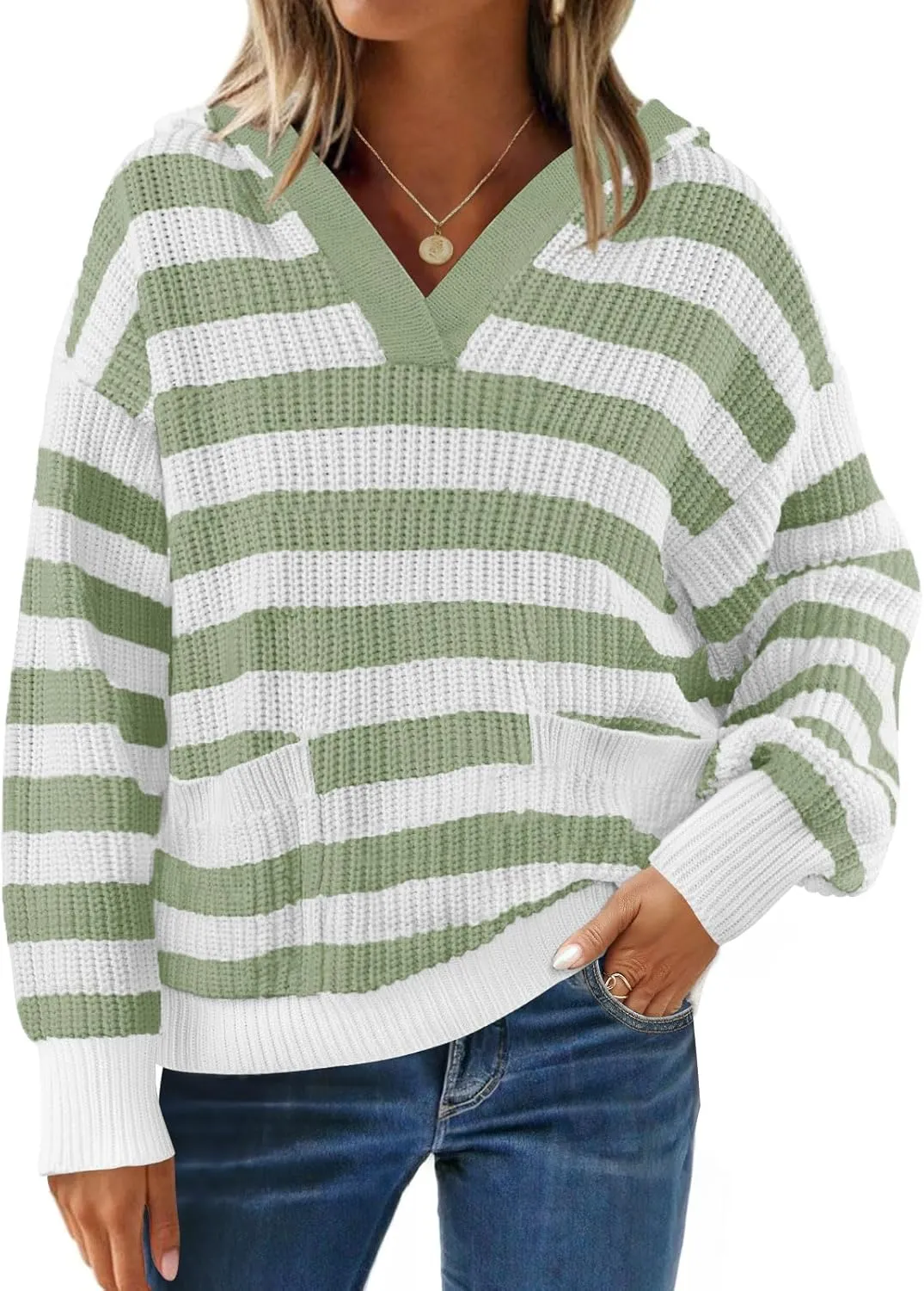 ZESICA Women's Fall Striped Sweaters 2025 V Neck Ribbed Knit Casual Oversized Pullover Hoodies Tops