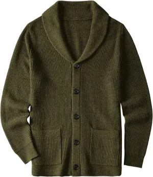 ZHILI Men's Shawl Collar Cardigan Sweater Slim Fit Cable Knit Button up Black Merino Wool Sweater