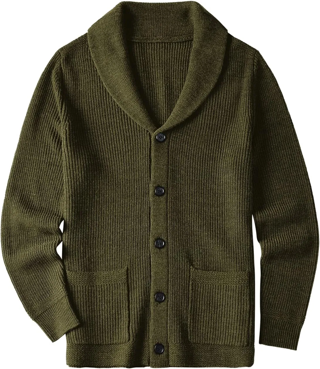 ZHILI Men's Shawl Collar Cardigan Sweater Slim Fit Cable Knit Button up Black Merino Wool Sweater