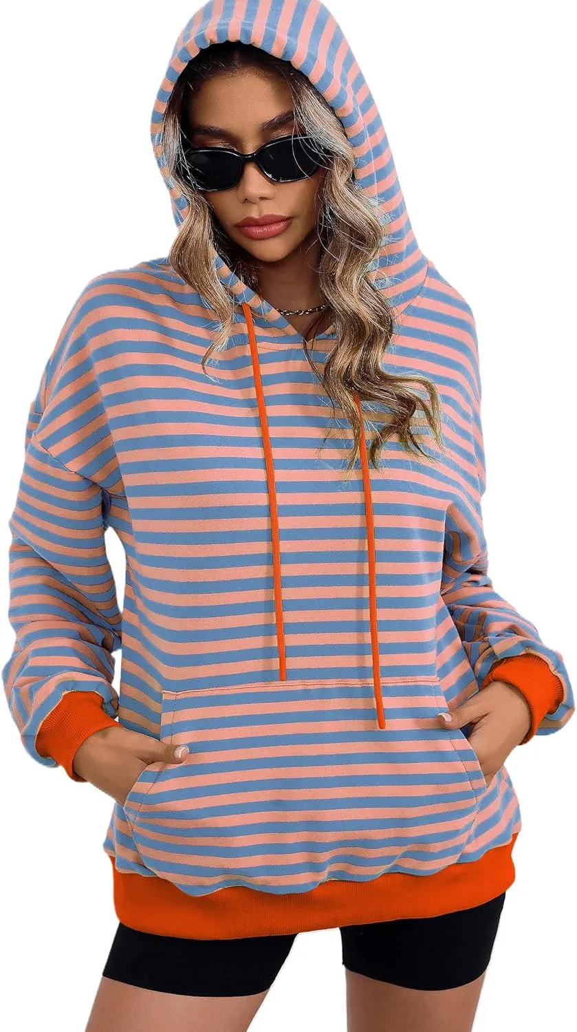 ZILIN Womens Striped Oversized Sweatshirts Long Sleeve Color Block Hoodies Pullover Top Y2K Clothes with Pocket