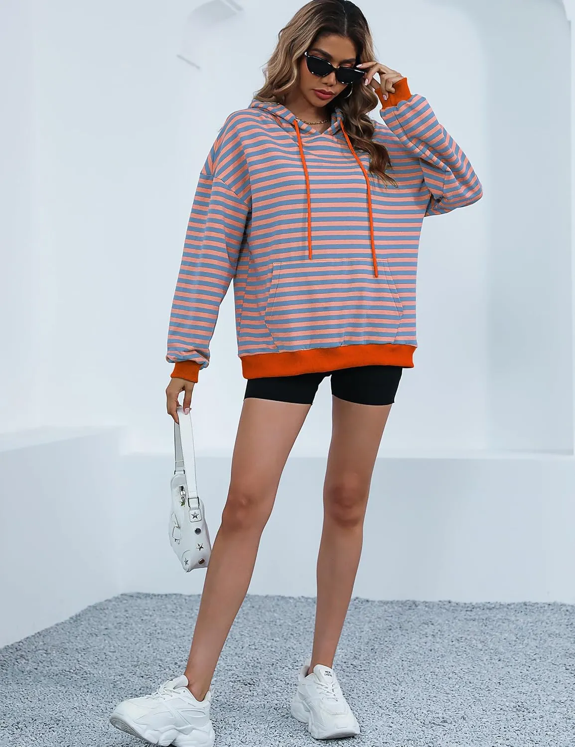 ZILIN Womens Striped Oversized Sweatshirts Long Sleeve Color Block Hoodies Pullover Top Y2K Clothes with Pocket