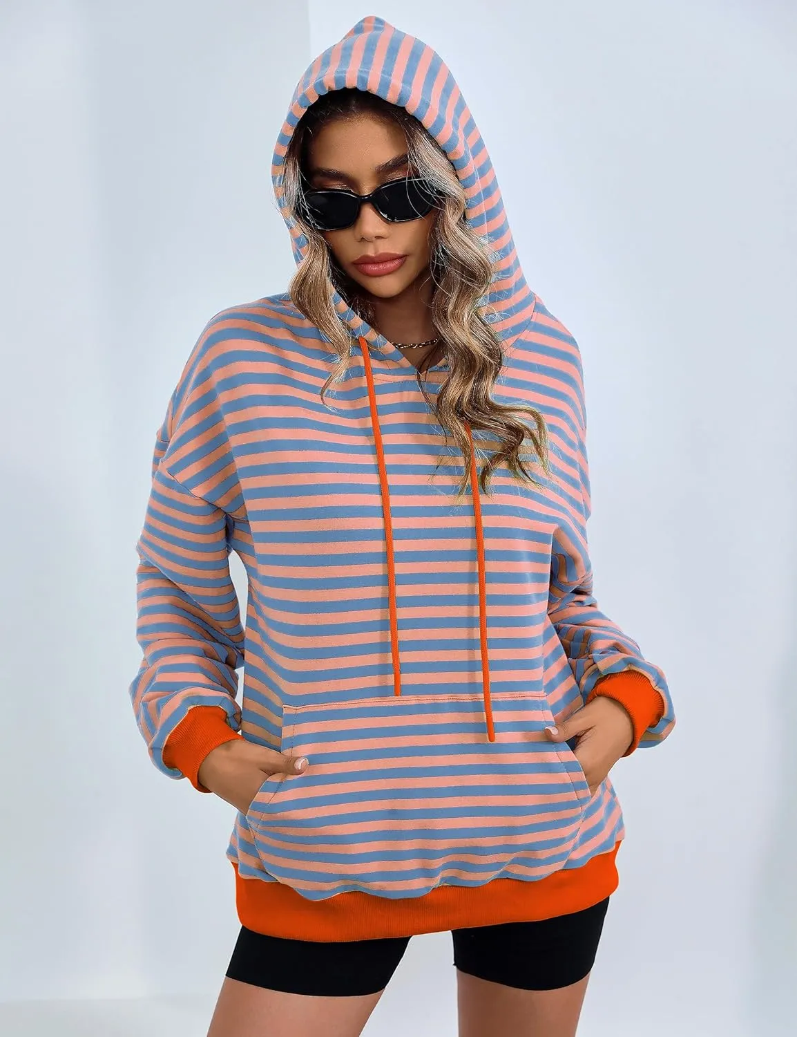 ZILIN Womens Striped Oversized Sweatshirts Long Sleeve Color Block Hoodies Pullover Top Y2K Clothes with Pocket