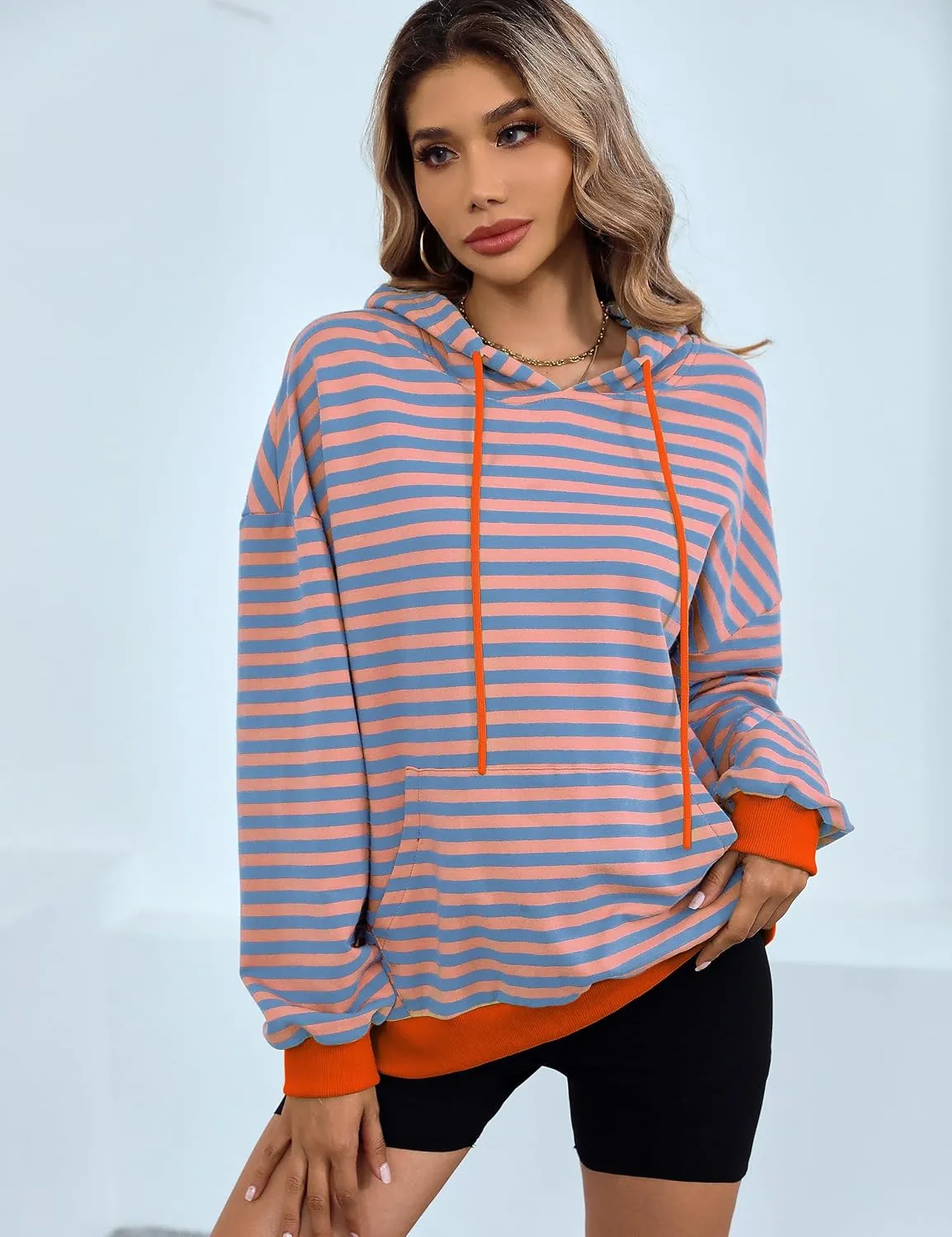 ZILIN Womens Striped Oversized Sweatshirts Long Sleeve Color Block Hoodies Pullover Top Y2K Clothes with Pocket