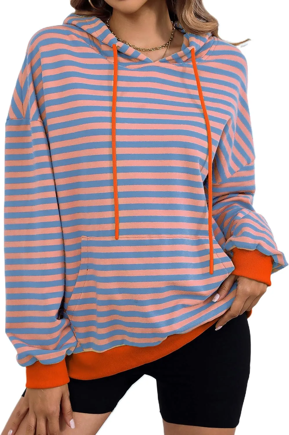 ZILIN Womens Striped Oversized Sweatshirts Long Sleeve Color Block Hoodies Pullover Top Y2K Clothes with Pocket