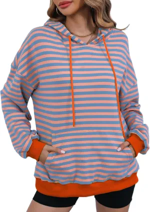 ZILIN Womens Striped Oversized Sweatshirts Long Sleeve Color Block Hoodies Pullover Top Y2K Clothes with Pocket