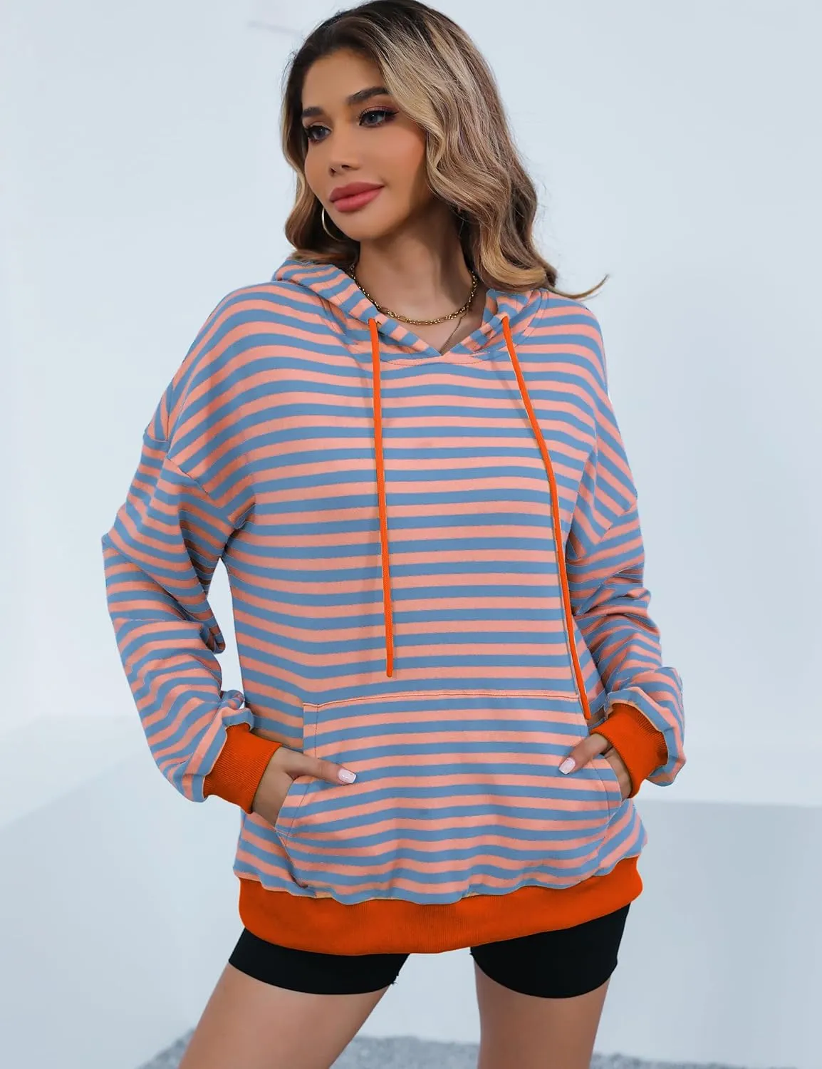ZILIN Womens Striped Oversized Sweatshirts Long Sleeve Color Block Hoodies Pullover Top Y2K Clothes with Pocket